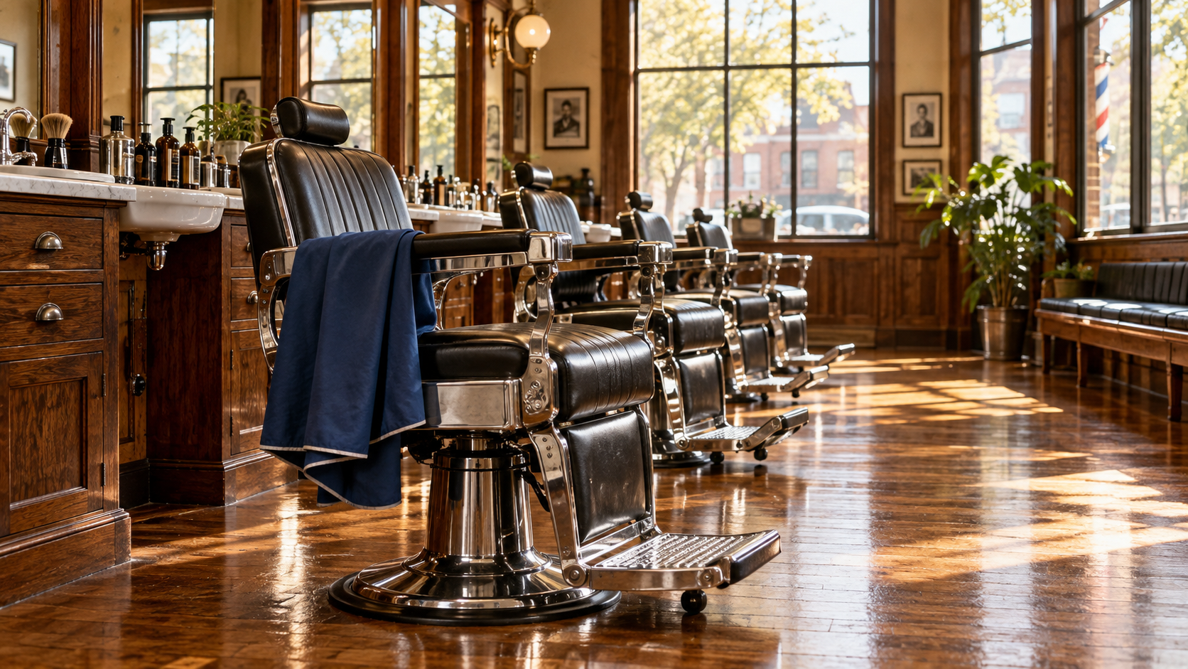 Illustrative row of empty barber chairs beside sunlit windows with a blue cape folded over the nearest armrest