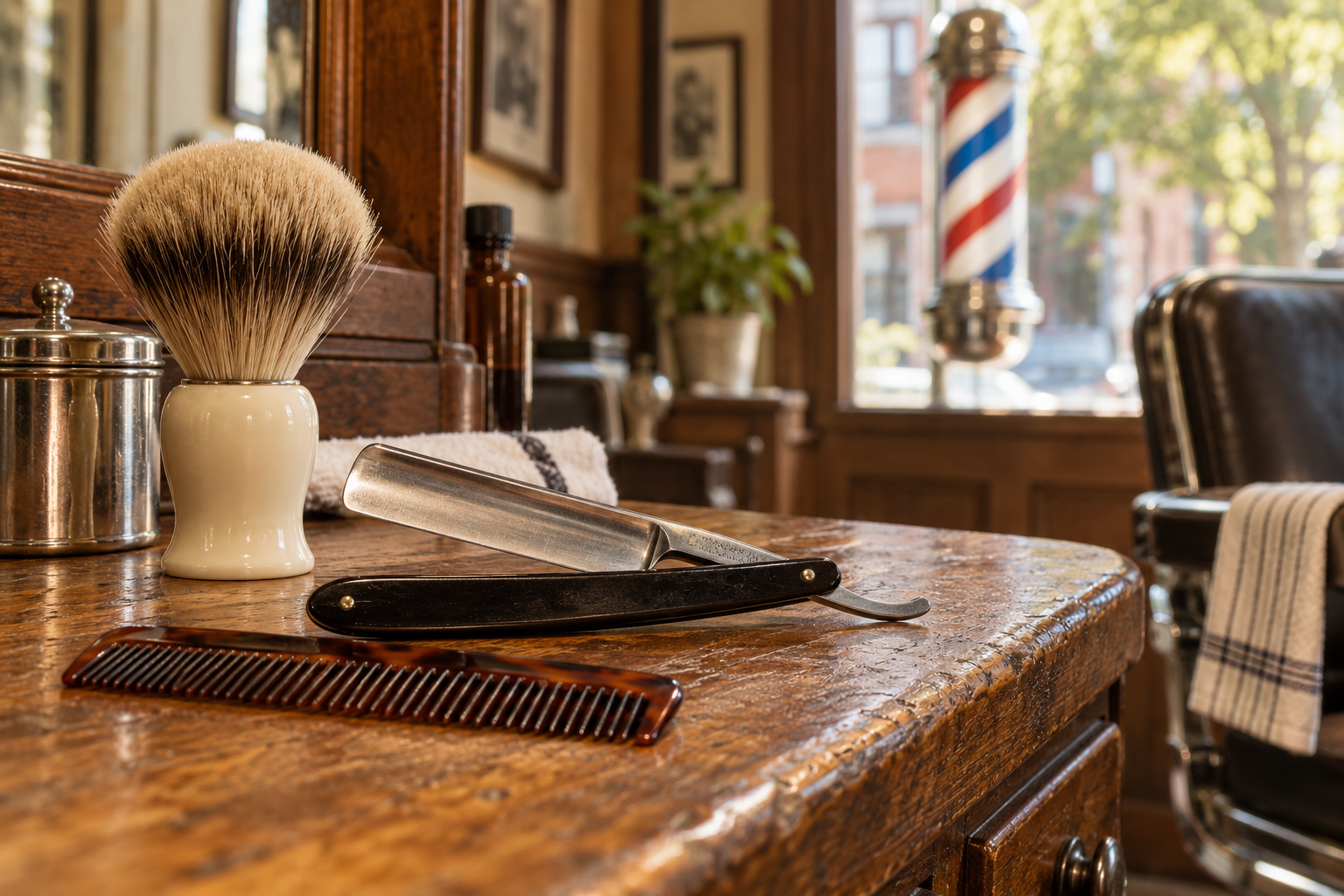 Illustrative still life of a straight razor, comb, and shaving brush on a wooden station counter
